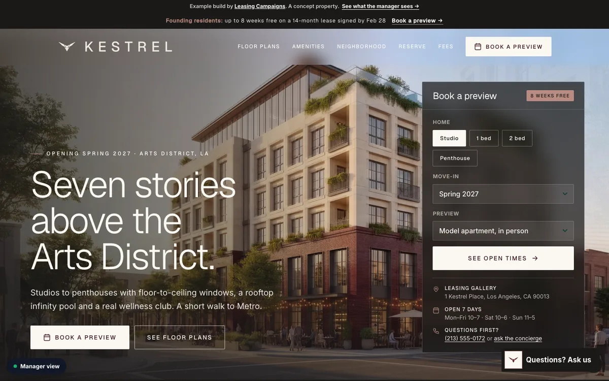 The Kestrel Arts District demo leasing site on a laptop